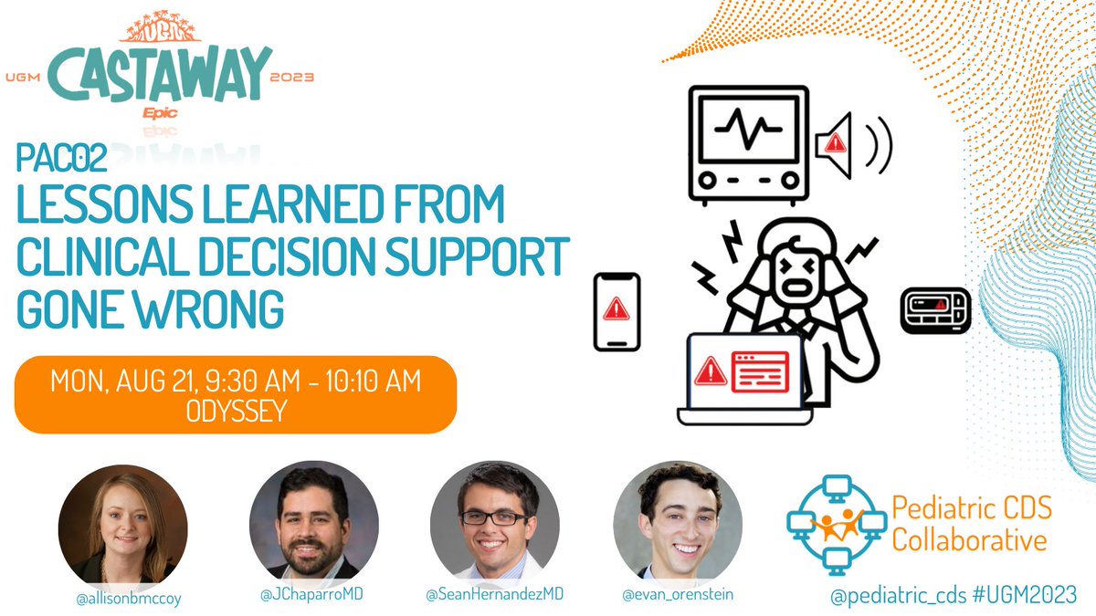 Pediatric Clinical Decision Support Collaborative (@pediatric_cds) on Twitter photo Back by popular demand, we're presenting our panel on Catastrophic Disaster Stories at #UGM2023 next week. Learn where we went wrong with our #CDS so you don't make the same mistakes! <a href="/allisonbmccoy/">Allison B. McCoy, PhD, ACHIP, FACMI, FAMIA</a> <a href="/SeanHernandezMD/">Sean Hernandez, MD</a> <a href="/evan_orenstein/">Evan Orenstein</a> Back by popular demand, we're presenting our panel on Catastrophic Disaster Stories at #UGM2023 next week. Learn where we went wrong with our #CDS so you don't make the same mistakes! <a href="/allisonbmccoy/">Allison B. McCoy, PhD, ACHIP, FACMI, FAMIA</a> <a href="/SeanHernandezMD/">Sean Hernandez, MD</a> <a href="/evan_orenstein/">Evan Orenstein</a>
