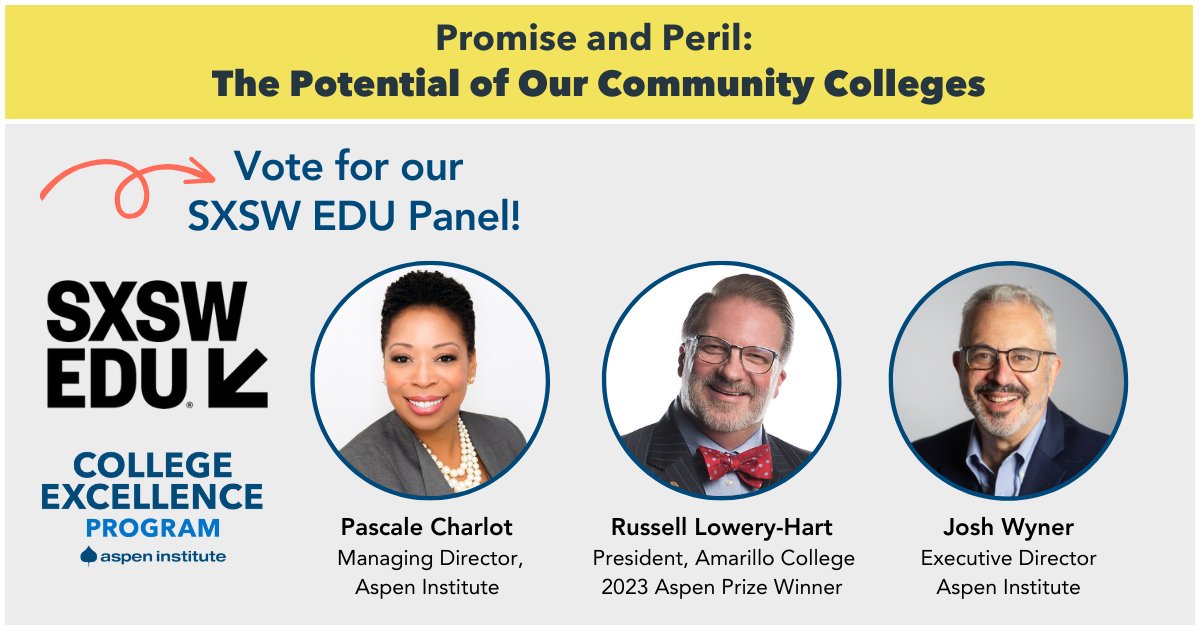 🗓️ Community voting for our SXSW EDU panel ends in TWO DAYS! Cast your vote to ensure that #comm_colleges are given a voice at SXSW EDU.  🔗 Learn about our panel proposal, featuring @LoweryHart, Pascale Charlot, and Joshua Wyner, and VOTE: panelpicker.sxsw.com/vote/137931