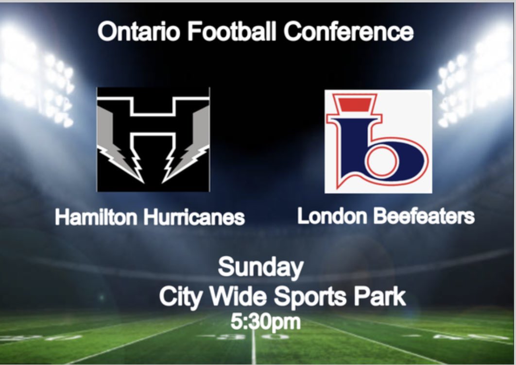 🏈 Big game for the <a href="/CanesFootball63/">Hamilton Hurricanes</a> Sunday when they take on <a href="/BeefeatersFtbl/">London Beefeaters</a> in London. Both team won their <a href="/TheOFCFootball/">The Ontario Football Conference</a> season openers a week ago. Kickoff 5:30 City Wide Sports Park.
