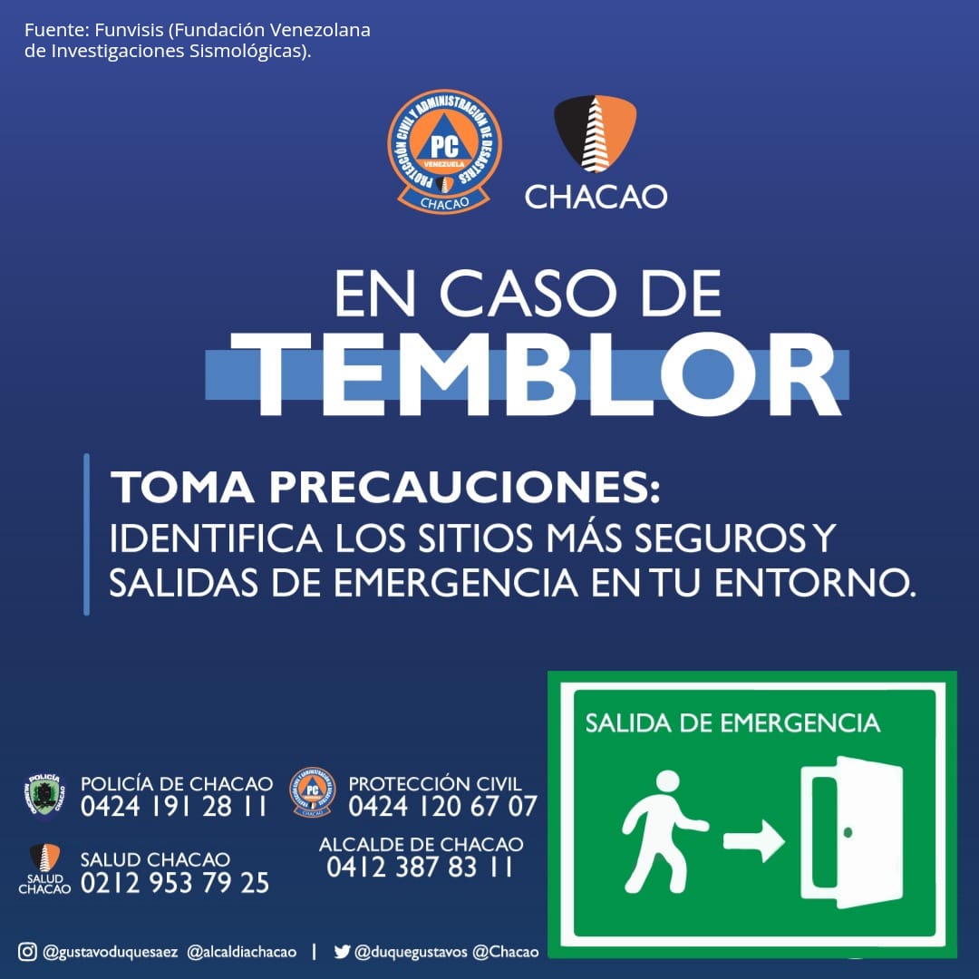 Chacao's tweet photo. 🗣️ Vecinos, en #Chacao velamos por la seguridad e integridad de los habitantes de nuestro municipio.

Por ello, compartimos algunas recomendaciones a tener en cuenta en caso de sismos o temblores.

#TrabajandoXChacao https://t.co/JyUxSI2DkL