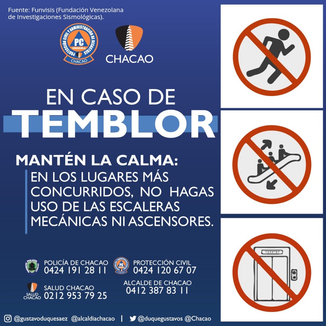 🗣️ Vecinos, en #Chacao velamos por la seguridad e integridad de los habitantes de nuestro municipio.

Por ello, compartimos algunas recomendaciones a tener en cuenta en caso de sismos o temblores.

#TrabajandoXChacao