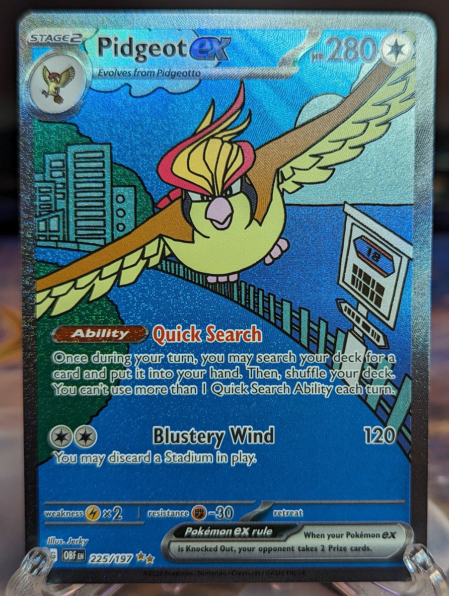 🚨Card of the day🚨 SIR Pidgeot ex 225/197 From the 2023 Set Obsidian Flames 🔥🔥 Such a Beautiful Card!😍 Happy Friday!!
.
.
#pokemon #pokemongo #pokemoncards #pokemontcg #pokemoncommunity #pokemonsun #pokemonsunandmoon #pokemonmoon #pokemonxy #pokemonart #pokemon20 #pokemonx