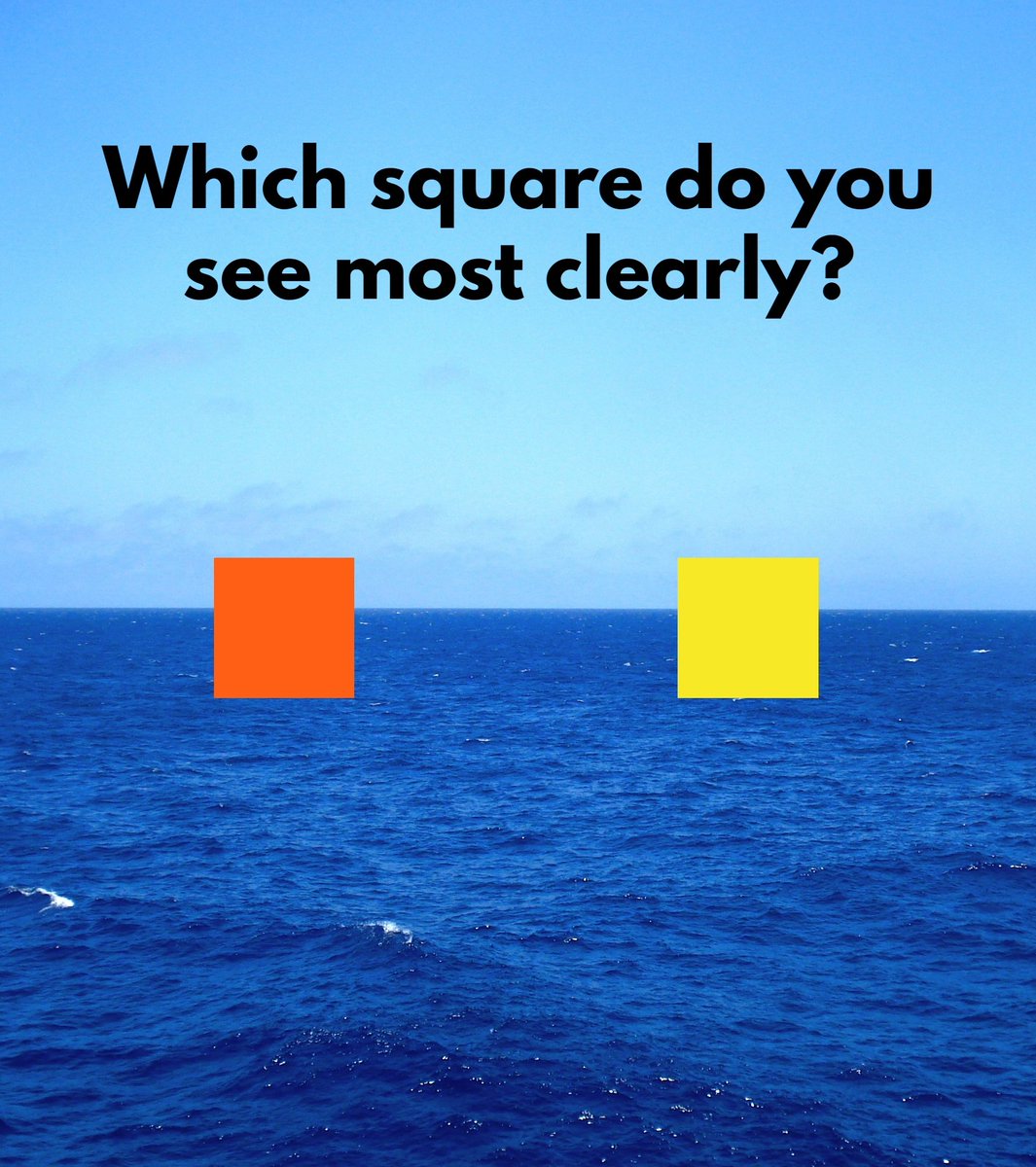 Which square do you see most clearly: orange or yellow?

Normally yellow is the most visible colour: it grabs our attention and we can see it from far away.

Hence warning signs, high-vis jackets, road markings, police tape, school buses, and taxis are almost always yellow.

But