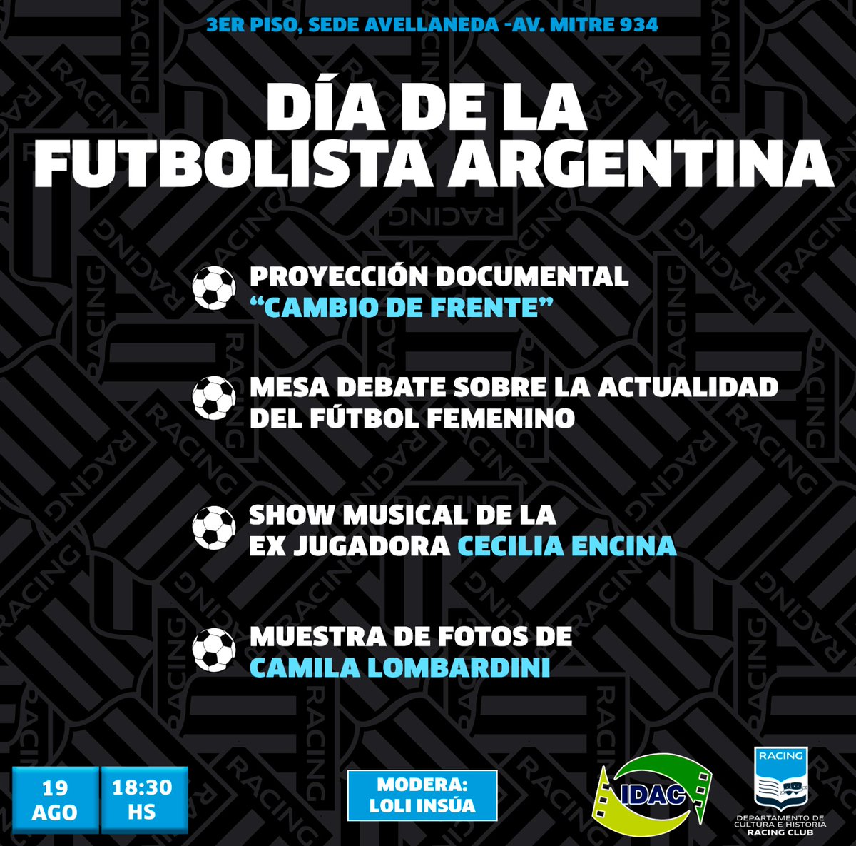 ¡Mañana!

Día de la futbolista argentina. 
A las 18:30 en el 3er piso de la sede de Avellaneda, proyectamos Cambio de frente.
Luego, <a href="/Lolinsua/">Loli</a> modera una charla sobre fútbol femenino con Betty García -ex jugadora-, <a href="/ramenzonicamila/">Camila Ramenzoni 💚</a> -reportera gráfica- y <a href="/santilucia/">Santiago Lucía</a> -periodista-.