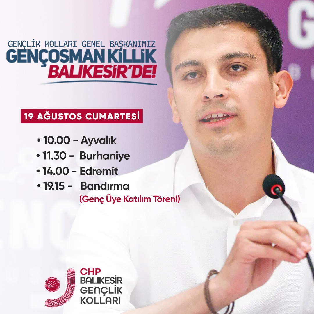 Gençlik Kolları Genel Başkanımız Gençosman Killik ve Marmara Bölge Sorumlumuz Caner Arduç, 19 Ağustos Cumartesi günü Balıkesir’de genç arkadaşlarımız ile buluşuyor!
<a href="/chpgenclikgm/">CHP Gençlik Kolları</a> <a href="/gencosmankillik/">Gençosman Killik</a> <a href="/caner_arduc/">Caner Arduç</a>