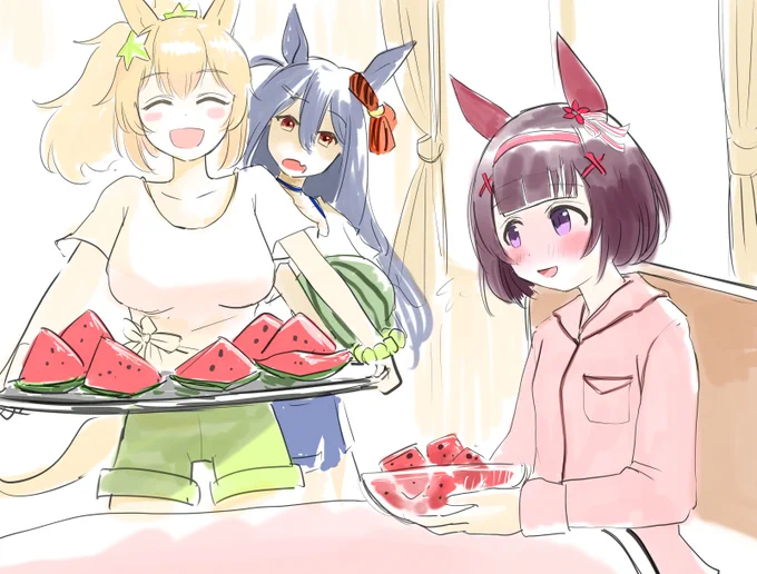 #ゆう犬ワンドロお題:うまさんぽ、療養中ウマ娘、92世代(ニシノフラワー)体調崩しちゃったところにスイカ届ける年長組 