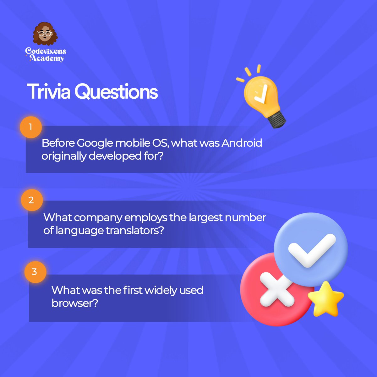 Codevixens's tweet photo. Hi, techies!π
It's weekend again. Are you ready for brain-teasing questions about gadgets, innovations, and the digital world? Itβs time to show off your tech prowess! β¨
#TechTriviaChallenge #TechQuiz #CodevixensAcademy https://t.co/JmB40FYxYj