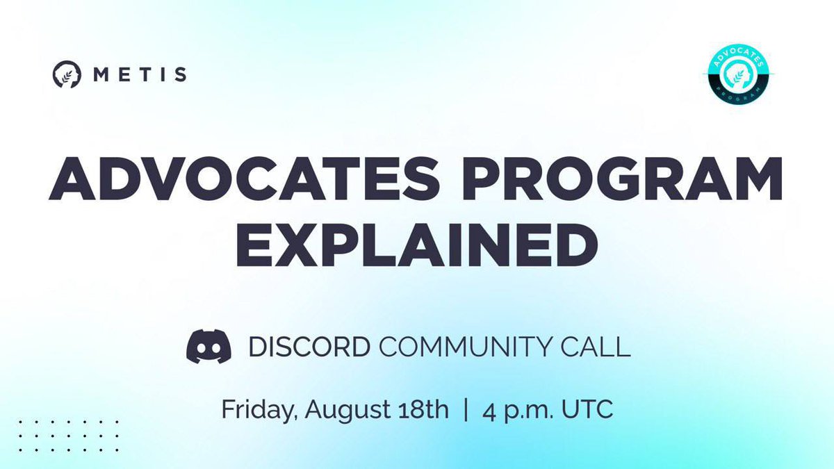 GM🌞! Ready to become a Metis Advocate? 🌿🌟 Join @MetisDAO for a Discord call in just 2 HOURS, where we'll chat about all the exciting details. Prepare questions as your voice matters! See you there! 😃📞 📆 Friday, Aug 18 ⏰ 4 pm UTC Discord 👉🏻: discord.gg/RqfEJZXnxd
