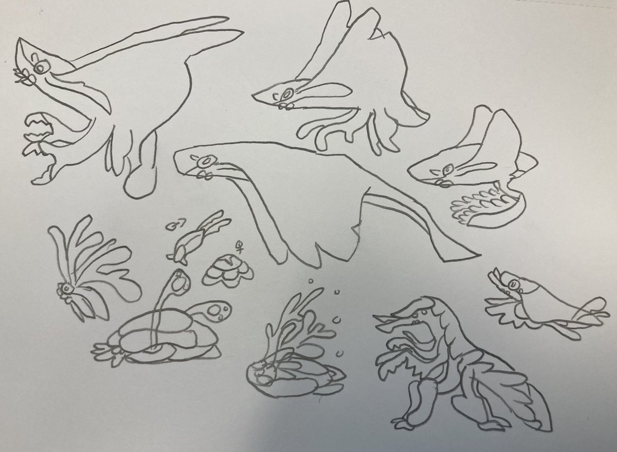 Decided to take a single creature from <a href="/InOtherWaters/">IN OTHER WATERS</a> artbook and flesh out the phylum it belongs to.
Now they’re lobopod-like animals with strange, water flea-like larvae.