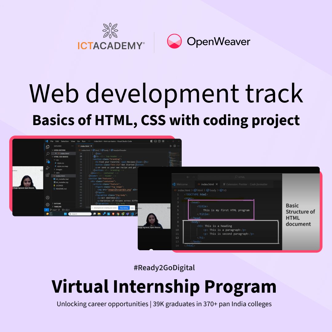 OpenWeaverInc's tweet photo. Web Development Internship Track students completed their next milestone towards their goal ๐.
Thanks to all the thousands of students for your dedication to learning and getting #Ready2GoDigital. @ICTAcademyIndia #OpenWeaver
@miet_group
#OpenWeaverICTInternship #ICTAcademy https://t.co/umpRQFoT55