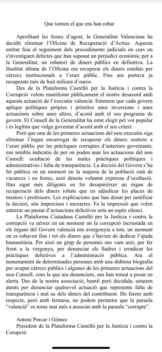 La Plataforma Castelló per la Justícia i contra la Corrupció denuncia que el Consell de @CarlosMazon40 ha cerrado la Oficina Recuperación Activos que devolvía lo robado con prácticas corruptas a la Generalitat. Y que lo hace con premeditación, alevosía y “agosticidio”. ¡Alerta!