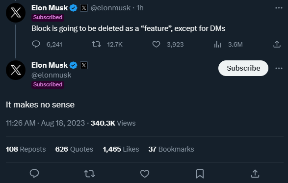 launders's tweet photo. he's lying again.

he just wants to max engagement, make sure advertisers aren't getting blocked and ensure people aren't mass blocking paying subs. it's just scamming you out of your attention just like he did with the fyp, monetized rage baiting and increased visibility for reply tweets.

will probably reintroduce as a blue feature so you can pay to not be harassed and spammed and claim that AI bots have reached escape velocity and only money can stop it.