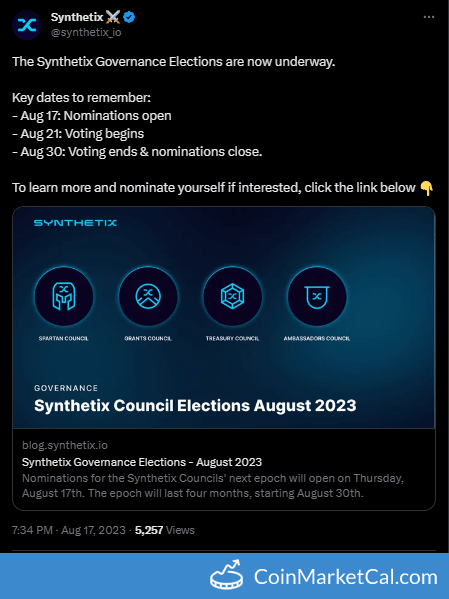 cmcal_bot's tweet photo. 🆕 New Synthetix Network $SNX event! 
 
From 17 Aug to 30 Aug 2023 
Governance Elections  
 
Source: https://t.co/KRFjtV3g0P https://t.co/Zs9zp8jt9n