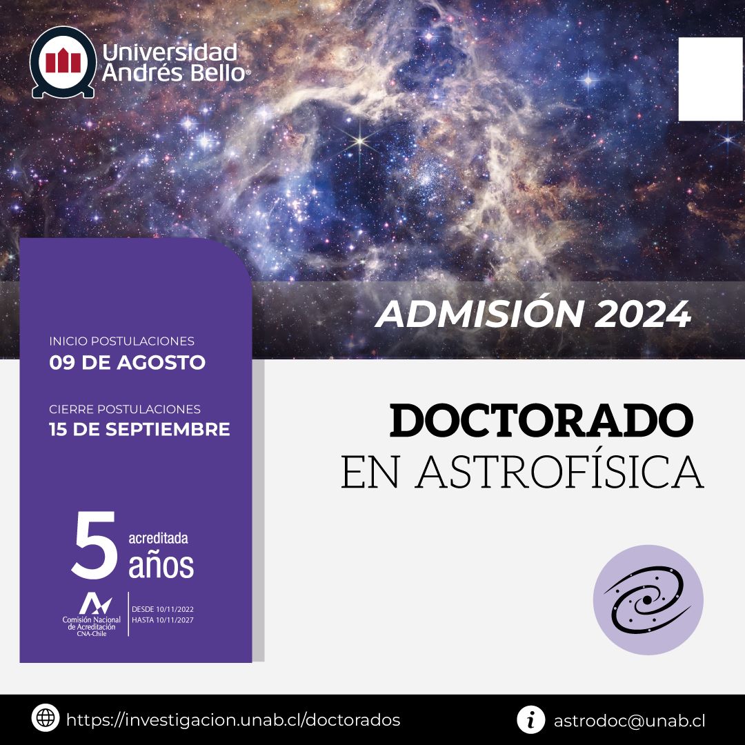 The Institute of Astrophysics (IA) at Universidad Andres Bello (UNAB) is receiving applications for the Ph.D. program in Astrophysics for the Academic Year 2024, further details here: jobregister.aas.org/ad/309e88d7

<a href="/AstroUnab/">Astrofísica UNAB</a> <a href="/DoctoradosUNAB/">Doctorados UNAB</a>