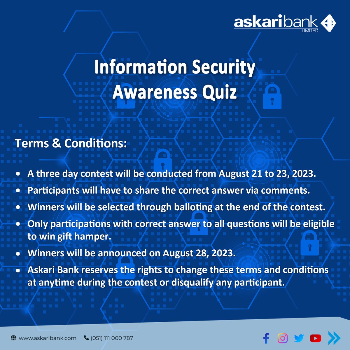 Participate &amp; Win: Information Security Awareness Quiz

#InfoSec #ISQuiz #CyberSecurity #StayAlertStaySafe #AskariBank #InformationSecurity