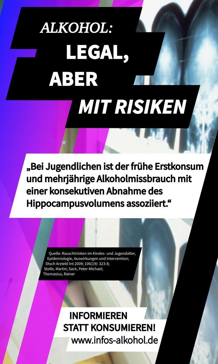 #Alkohol-Konsum bei #Kindern und Jugendlichen führt zu einer Schrumpfung von Teilen des Gehirns.

#Alkohol ist eine der gefährlichsten #Drogen. Die Bundesregierung muss Verantwortung übernehmen!

#Fakt: Der Ausschank von Alkohol an #Jugendliche ist zulässig (§ 9 JuSchG Abs. 2).