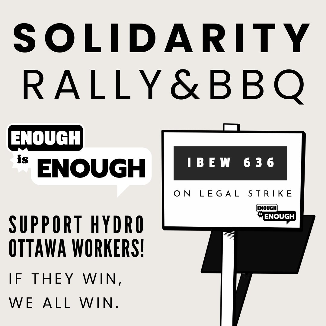 OFLabour's tweet photo. Over  400 @hydroottawa workers, members of @IBEWLocal636 , have been on strike for  almost 2 months—for good jobs, good public services, and a safe and  reliable power supply.⁠
⁠
Join us on Monday:
📍2711 Hunt Club Rd
Ottawa, ON K1G 5Z9⁠
⁠
Please bring flags, banners, placards, etc.⁠

RSVP & use the email tool to tell the Ottawa Mayor and City Council to Support Hydro Ottawa workers: https://t.co/yNuCdLYqy8

#enoughisenoughON #justice4workers #onlab #onpoli