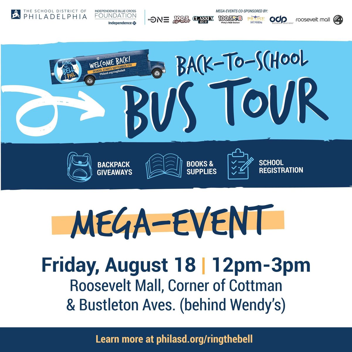 CouncilwomanKGR's tweet image. TODAY IS THE LAST STOP OF THE SUMMER! 

You don’t want to miss this! 😁

🚌 Back-to-School Bus Tour Mega-Event

🎒Get a free backpack &amp;amp; all your back-to-school needs! Learn more at: philasd.org/ringthebell

#SDPBusTour #RingtheBellPHL