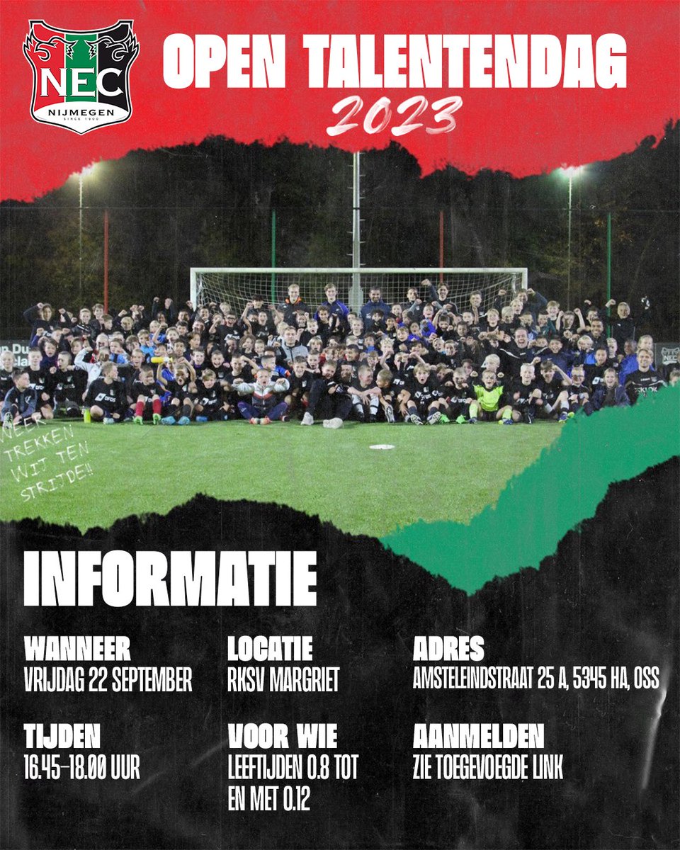 𝐌𝐞𝐥𝐝 𝐣𝐞 𝐚𝐚𝐧 voor de Open Talentendagen bij N.E.C. ⚽

In september organiseert N.E.C. op verschillende locaties talentendagen! Ben jij de nieuwe Dirk Proper of Jasper Cillessen? 

Meld je dan snel aan via deze link: ap.lc/YnbIS! 🤩

#DATZIJNONZEKLEUREN ❤️💚🖤