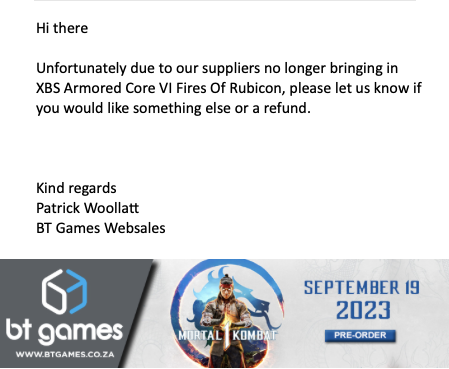 They canceled my Armored Core 6 physical pre-order 😭.
Time to buy the digital version on the Xbox store. I'll import a physical copy once they're released