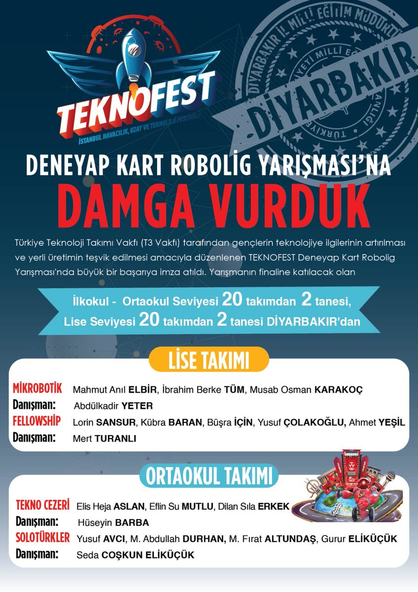 Diyarbakirmem's tweet photo. 🌟TEKNOFEST'te Başarımız Artıyor🚀

TEKNOFEST Deneyap Kart Robolig Yarışması Finali'ne davet edilen takımlardan 4⃣'ü Diyarbakır'dan. Bu başarıya imza atan danışman öğretmenlerimizi ve öğrencilerimizi gönülden tebrik ediyoruz.

@Yusuf__Tekin
@Selcuk
@elvan_kzc 
@Murat4Kucukali https://t.co/qFrAm0c5DP