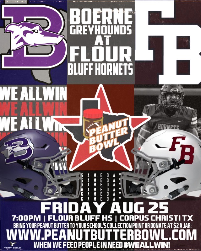 After a great scrimmage with Liberty Hill, we shift our focus to the start of the regular season. We will take on Flour Bluff in the Peanut Butter Bowl. Help us feed our community! Bring a jar of peanut butter to BHS and we will deliver it to Hill Country Daily Bread.