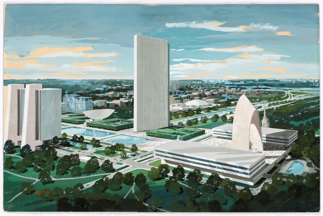 Enjoying concerts and events at the Empire State Plaza this summer? This is what it could have looked like.  
An “Arch of Freedom” that would have connected the state museum &amp; library at the south end. The c. 1960-62 plan included a 1,500 seat amphitheater under the arch.