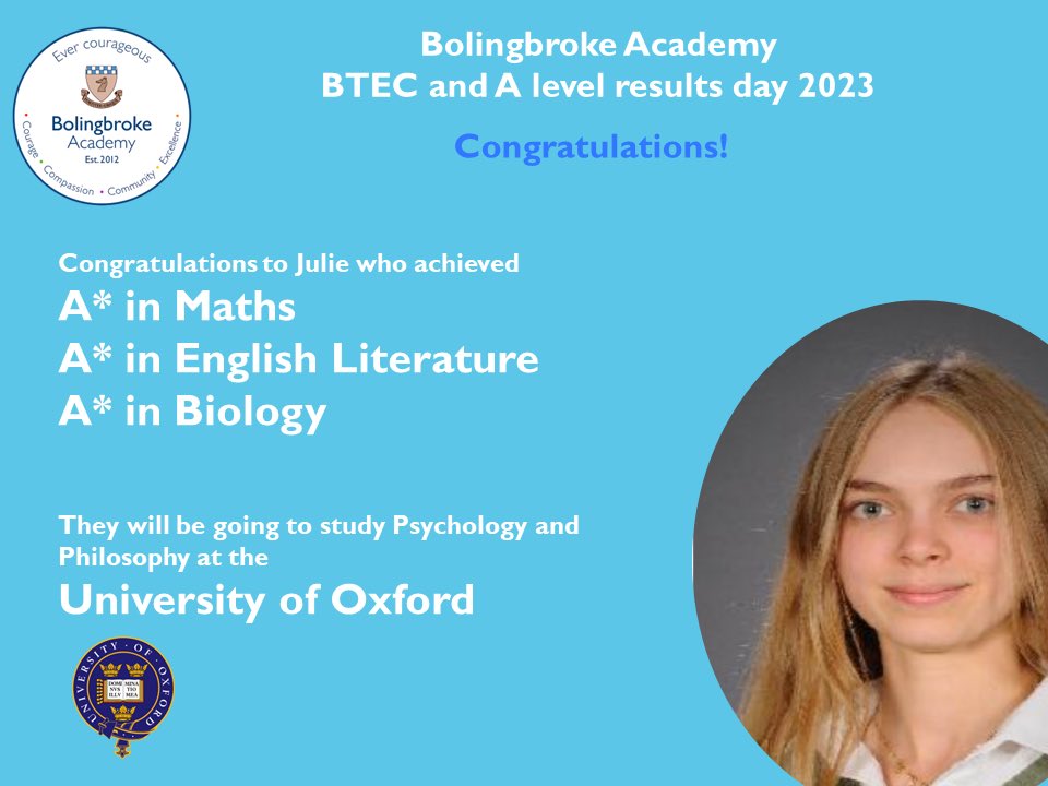 Congratulations to Julie who is off to <a href="/UniofOxford/">University of Oxford</a> to study Psychology and Philosophy after achieving A*A*A*. Well done Julie! #alevelresultsday2023 #evercourageous <a href="/ArkSchools/">Ark Schools & Ventures</a>