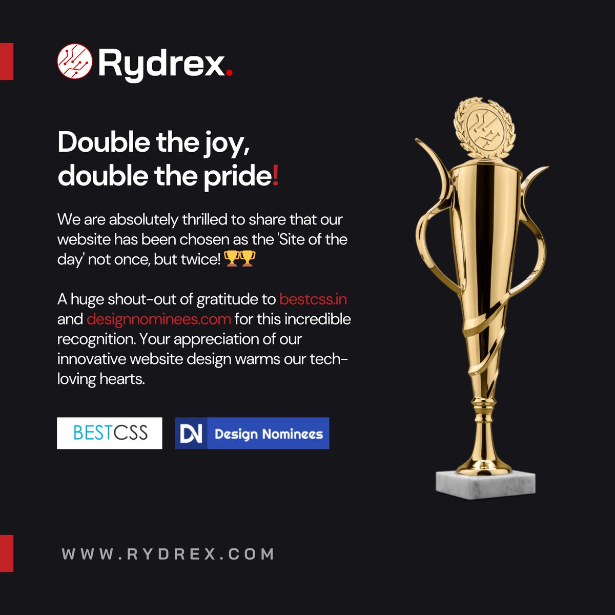 Onwards and upwards, rewriting the rules of web design! We shall keep pushing, and revolutionizing, as always 🙌

#RydrexWebtech #InnovationOnFire #WebDesignTrailblazers #WebDesign #UIUXDesign #ResponsiveDesign #WebDevelopment #CreativeWebDesign #DesignInspiration #BestCSS