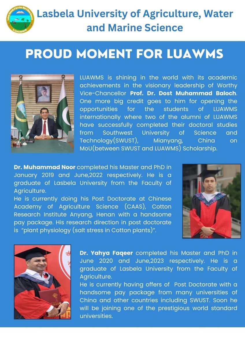 LUAWMSOfficial's tweet photo. The Success Story of Lasbela University: Empowering Balochistan Through Education:

Lasbela University has achieved unparalleled academic success, thanks to a (MoU) signed with the Southwest University of Science and Technology (SWUST) in Mianyang, China. https://t.co/yg5ofFQomY