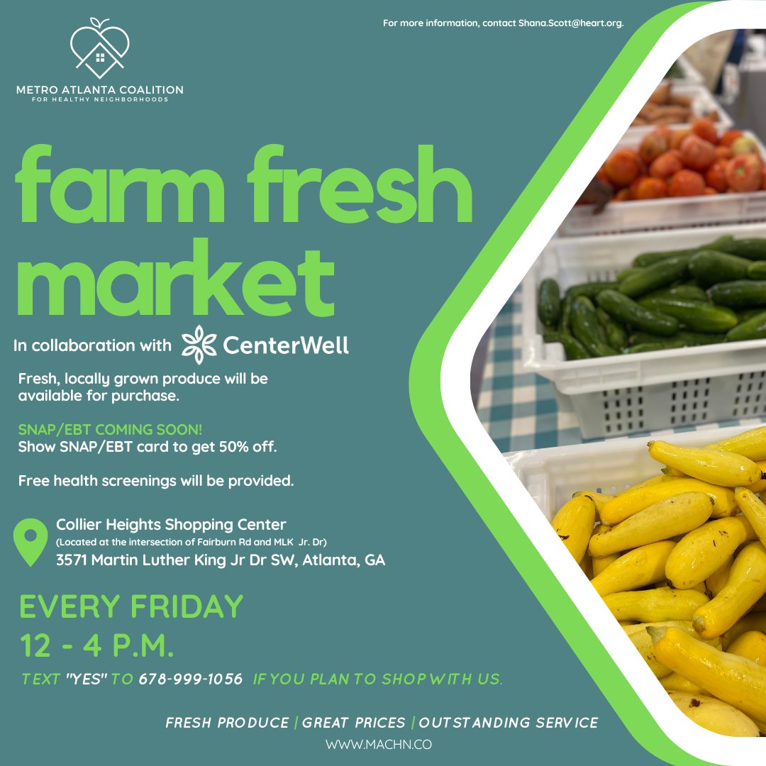 GeorgiaAHA's tweet image. Join us EVERY FRIDAY at the farm fresh market in Adamsville at CenterWell to purchase fresh locally grown produce and get free health screenings! 🍏🍓🍊🍑🥑🥦🥬 #machn