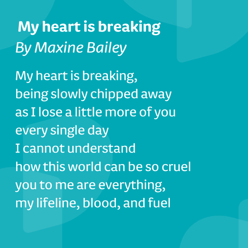 DementiaUK's tweet photo. Thank you to Maxine Bailey for sharing this beautiful poem with us, 'My heart is breaking.' 💔

If you'd like to speak to an Admiral Nurse for support or advice on any aspect of dementia, call our Helpline on 0800 888 6678 or email helpline@dementiauk.org. ☎️