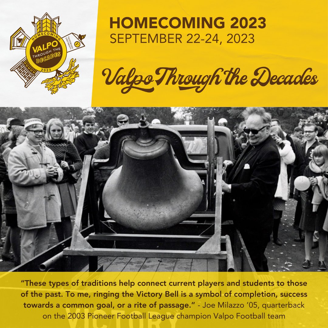 Joe Milazzo ’05, quarterback on the 2003 Pioneer Football League champion @valpoufootball team, knows what it means to ring the Victory Bell 🔔 Experience your favorite traditions and explore new events at Homecoming 2023! Register today at valpo.edu/homecoming.