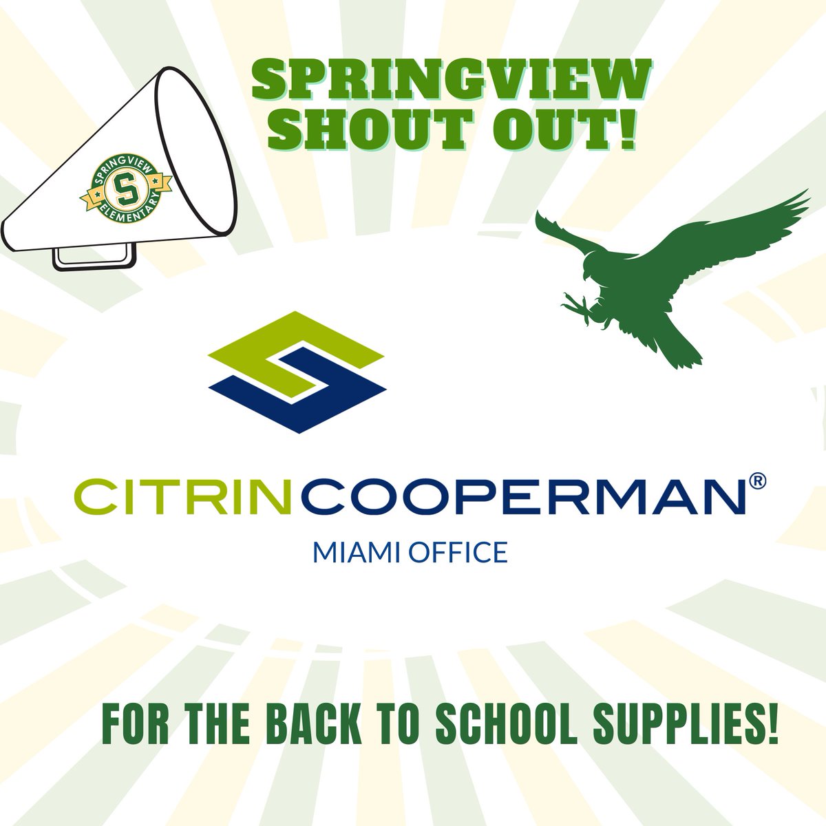 Springviewpta1's tweet image. A Warm Thank You to the Miami Office of CitrinCooperman. 
CitrinCooperman donated 40+ backpacks and school supplies to our Springview school community. We are grateful for their generosity! These supplies will help our students get ready for the new school year! @citrincooperman