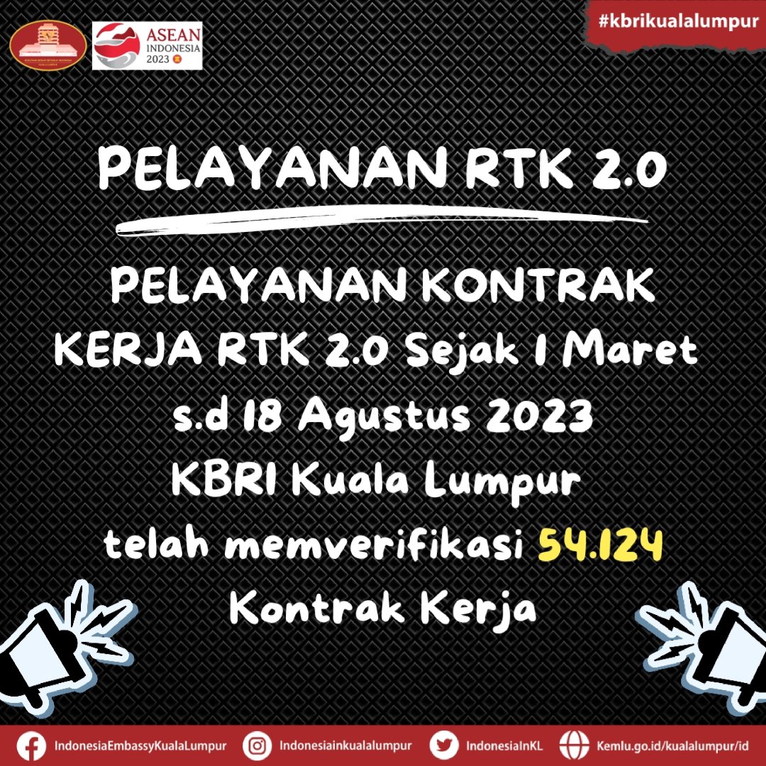 Update pelayanan dokumen di KBRI Kuala Lumpur pada 18 Agustus 2023
Paspor dan SPLP : 1.697 Dokumen
Kekonsuleran    : 96 Dokumen
Pelayanan RTK 2.0 : 54.124 Kontrak kerja

#kbrikualalumpur
#pelayananpublik
#rintiskemajuan
#peduliwni
#negaramelindungi