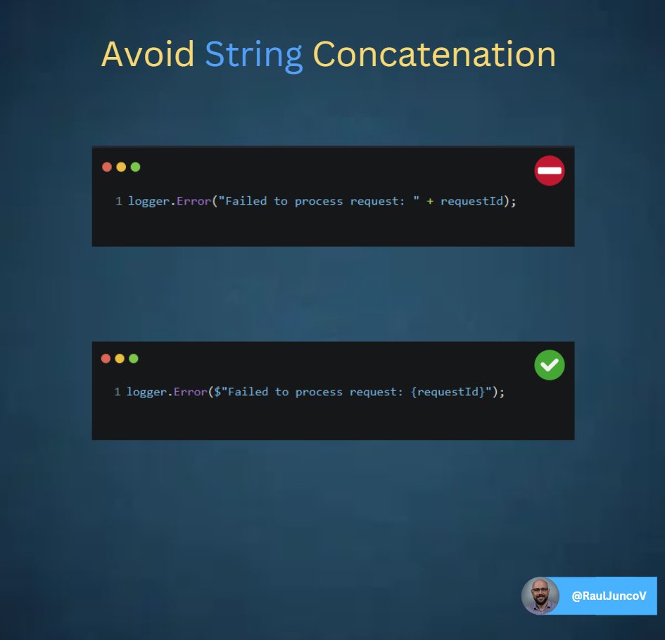 RaulJuncoV's tweet image. Every Log should lead you to a fix.
But poor logging practices will make you less effective at debugging.
This is how you can save 50% of your time at debugging.
1. Avoid String Concatenation in Logs
Use string interpolation in log messages versus concatenation.
- It is more…