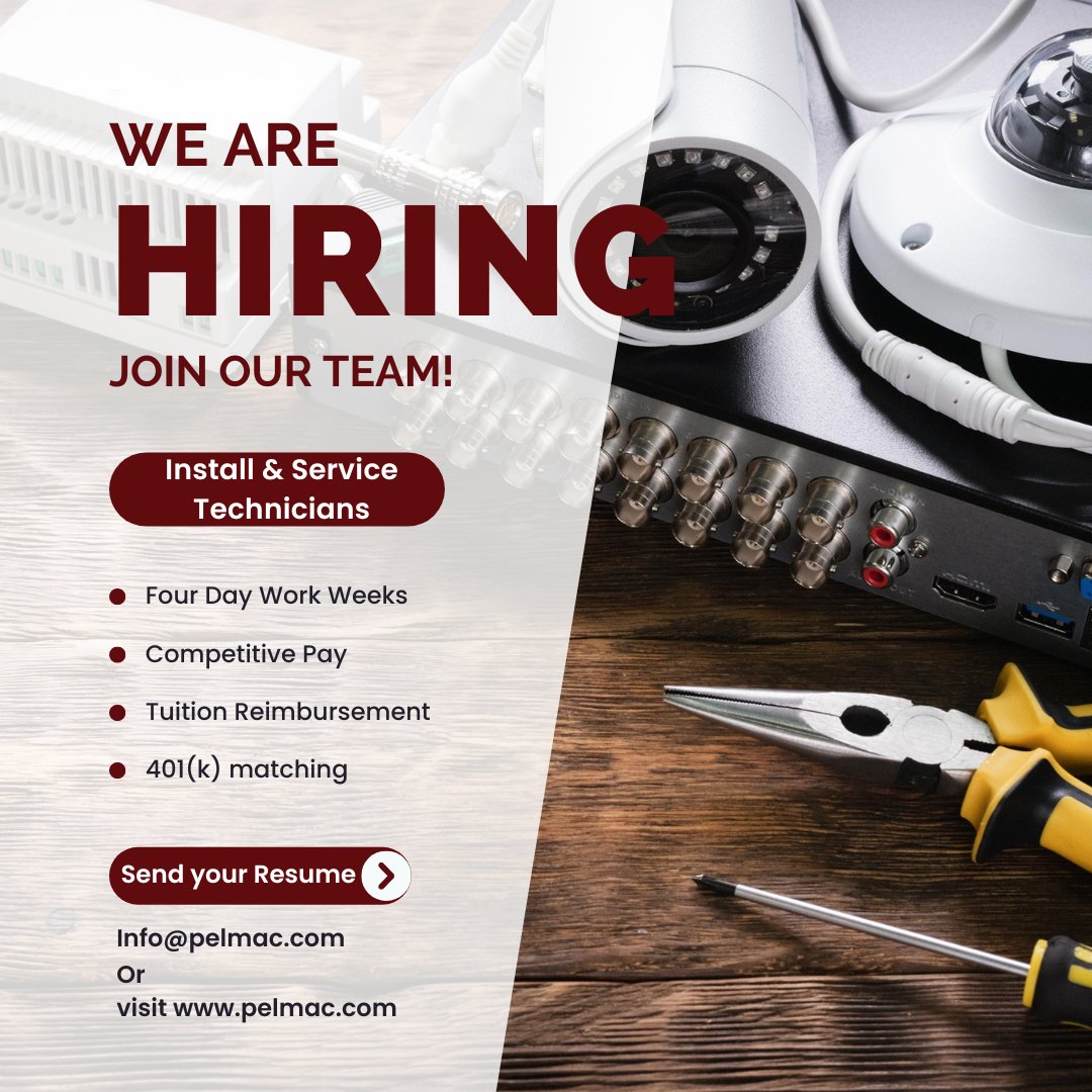PelmacInc's tweet photo. Pelmac is currently #hiring! We are seeking experienced install and service technicians to join our team. To submit a resume, please send an email to info@pelmac.com or visit our website at https://t.co/m0TrCTSU0Y. https://t.co/PHXVy2Jvsz