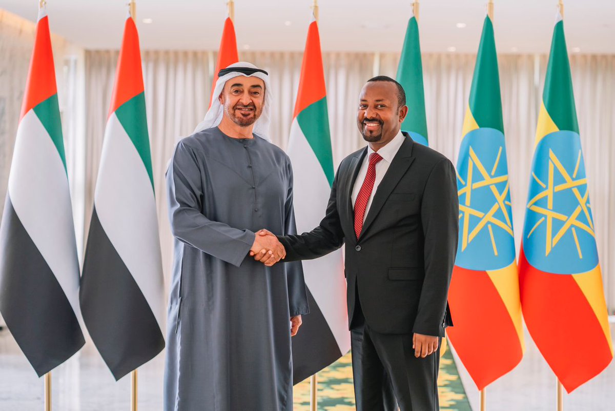 PMEthiopia's tweet photo. In a bilateral meeting held b/n PM @AbiyAhmedAli and His Highness Sheikh @MohamedBinZayed, both leaders acknowledged the ever strengthening ties b/n Ethiopia and the UAE and expressed commitment to build stronger bridges in the benefit of both peoples.1/2 https://t.co/f4Yvvk8VS6