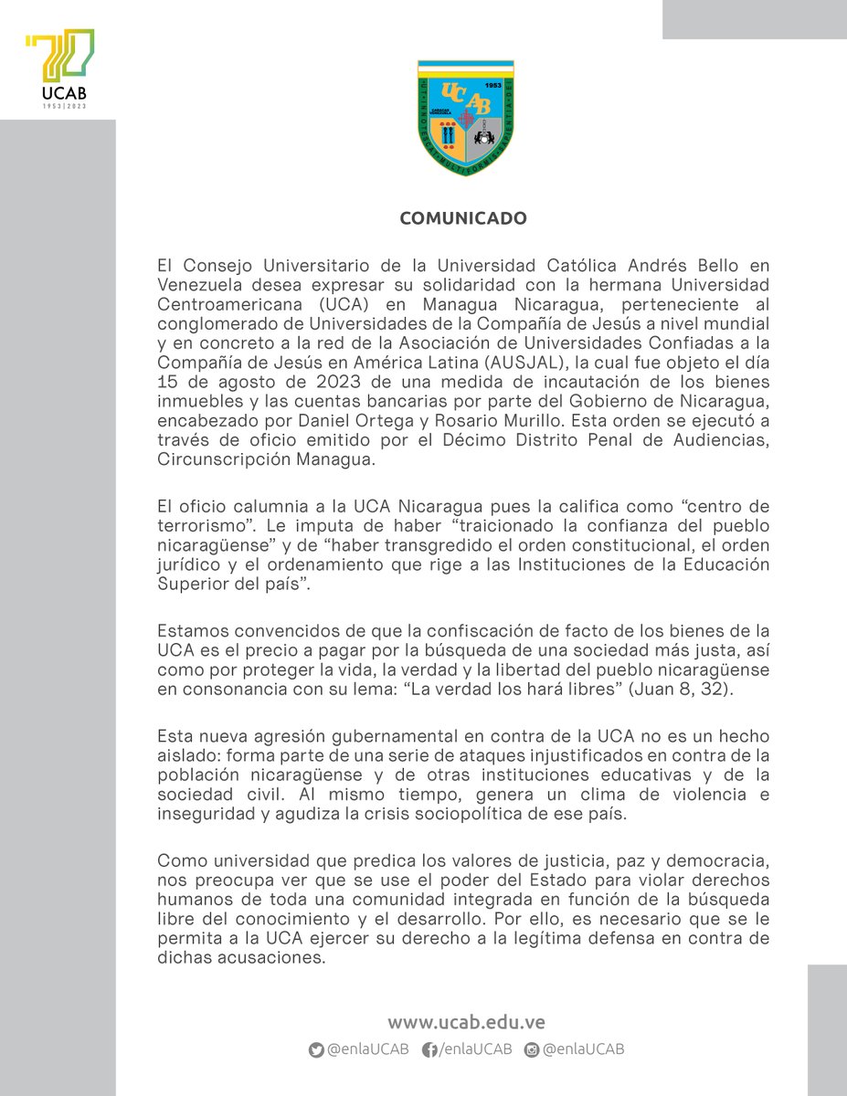 enlaucab's tweet photo. El Consejo Universitario de la #UCABU expresa su solidaridad con la hermana Universidad Centroamericana (UCA) en Managua, Nicaragua, perteneciente al conglomerado de Universidades de la Compañía de Jesús a nivel mundial y a la red @AUSJAL. https://t.co/lkPT6IcXgU