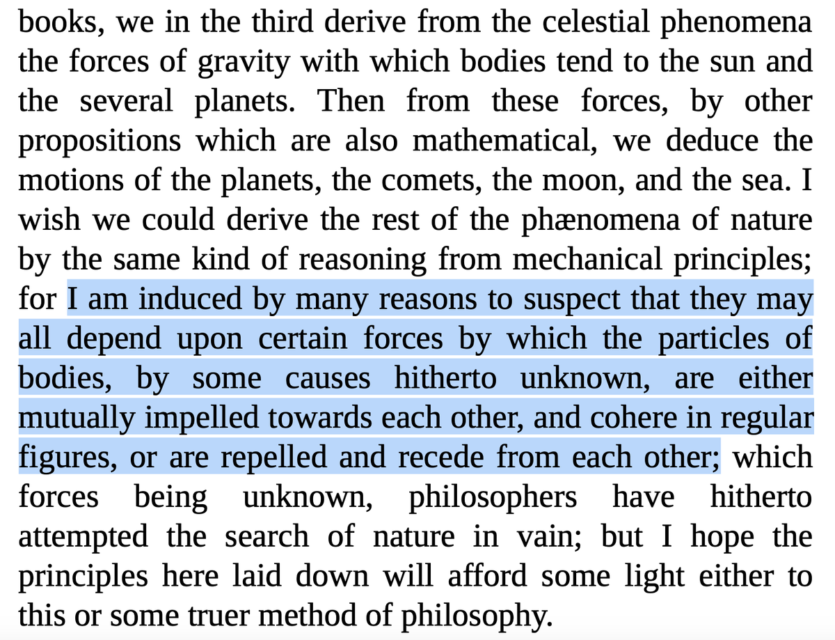 nattyover's tweet photo. Having fun dipping into the text of 𝘗𝘳𝘪𝘯𝘤𝘪𝘱𝘪𝘢 for the first time. Here is Isaac Newton suspecting that "the rest of the phenomena of nature" (aside from gravity) also spring from unknown forces between particles. Clever chap! 
https://t.co/vOkAHhs0uh https://t.co/2zNHDNUVMs