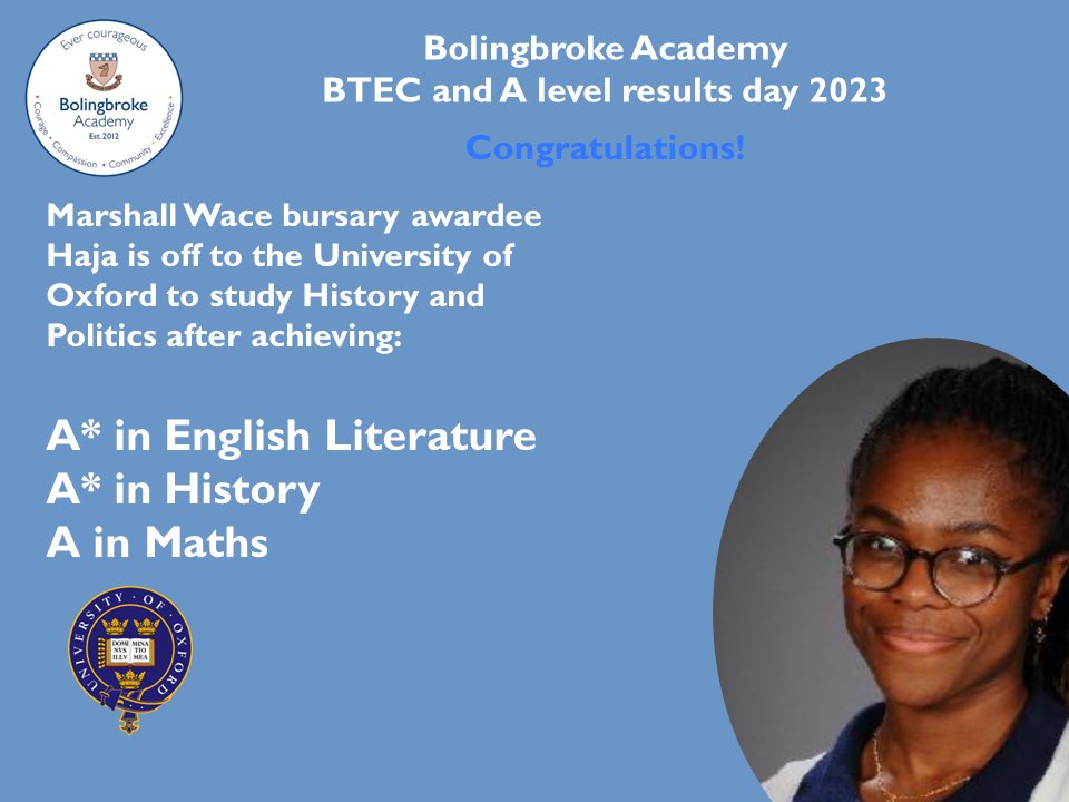 Marshall Wace bursary awardee Haja is off to @UniofOxford to study History and Politics after achieving A*A*A. Well done Haja! #alevelresultsday2023 #evercourageous @ArkSchools