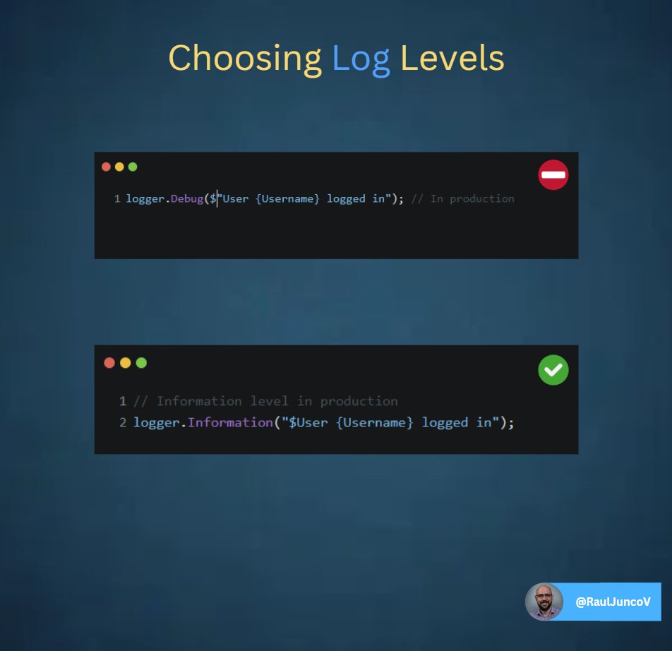RaulJuncoV's tweet image. Every Log should lead you to a fix.
But poor logging practices will make you less effective at debugging.
This is how you can save 50% of your time at debugging.
1. Avoid String Concatenation in Logs
Use string interpolation in log messages versus concatenation.
- It is more…