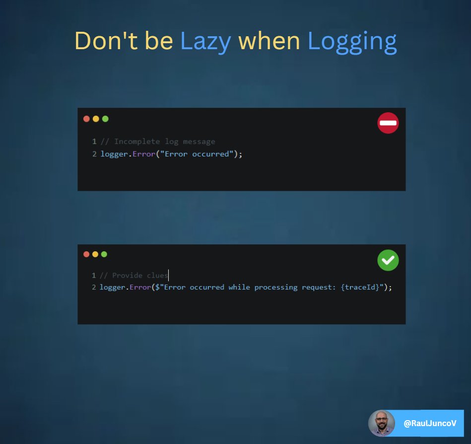 RaulJuncoV's tweet image. Every Log should lead you to a fix.
But poor logging practices will make you less effective at debugging.
This is how you can save 50% of your time at debugging.
1. Avoid String Concatenation in Logs
Use string interpolation in log messages versus concatenation.
- It is more…