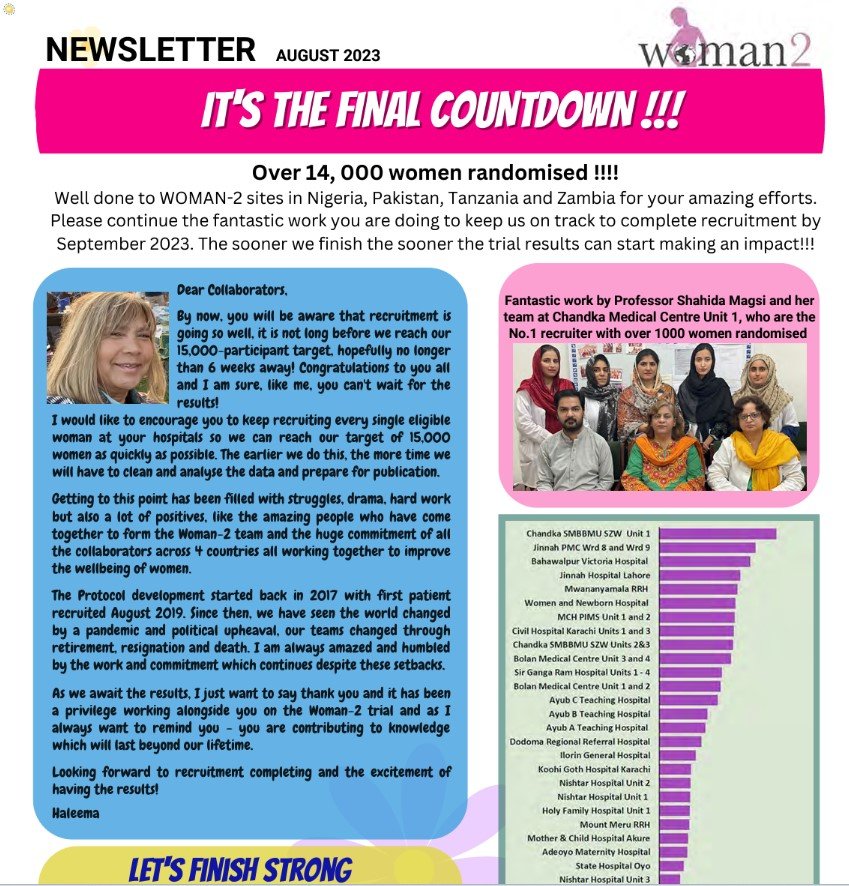CTU_LSHTM's tweet photo. 📢| Our #WOMAN2 trial, #TXA for #PPH prevention, is now only weeks away from hitting its sample size of *15,000* women!

⏳As we enter the final countdown, check out our final -Trial Newsletter- and hear from our valued collaborators! 🇳🇬🇿🇲🇹🇿🇵🇰

👉🏼 https://t.co/z4TIkxumRJ https://t.co/GJkV9n7Kst