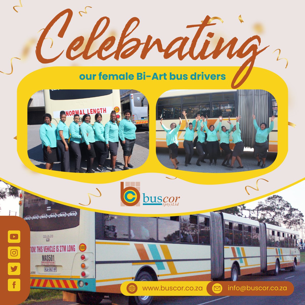 Buscor is a pioneer and leading operator of Bi-Articulated buses in the African continent. These buses require specially trained drivers. We are very proud to celebrate our female drivers who daily operate these massive vehicles. 
#BuscorRock #BiArticulatedBuses