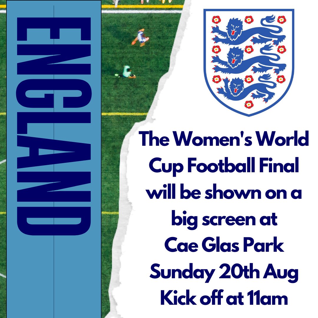 The Women's World Cup Football Final will be shown on a big screen at Cae Glas Park on Sunday, Sunday 20th of August.

Kick off is at 11am, so get down there early!

Go Lionesses!!
