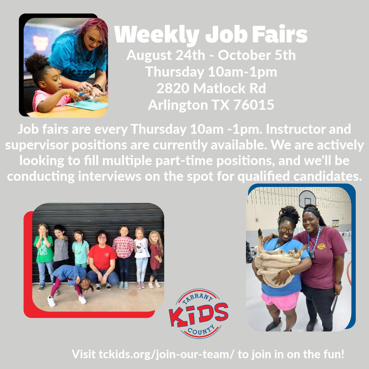 TCKPrograms's tweet photo. Joins us on Thursdays for on the spot interviews for our after school programs. We serve schools in Arlington, Grand Prairie, and Fort Worth. 
https://t.co/gD1FMjUAY9
#partimejob #hiring  #arlington #grandprairie #fortworth #childcare #jobs #jobfair #PartTime #parttimework https://t.co/WyWdBDo2fw
