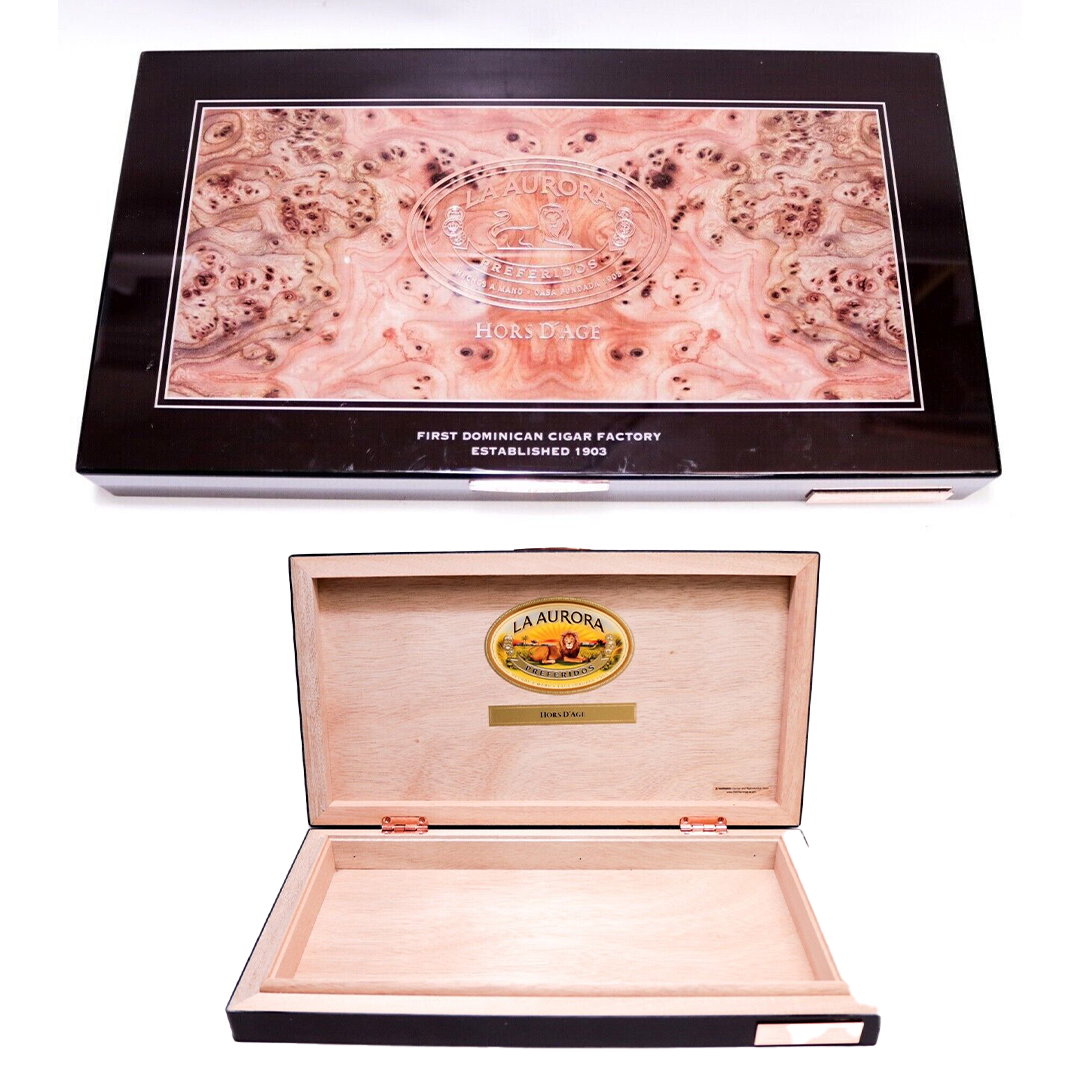 Presenting the La Aurora Hors D'Age 2021 wood cigar box. Glossy finish with a polished, stone-like lit. A beautiful work of art that can be customized to make a #cigarboxguitar, or used to make an amazing jewelry box.

#artgallery #woodart #diyjewelry #amazon #ebay