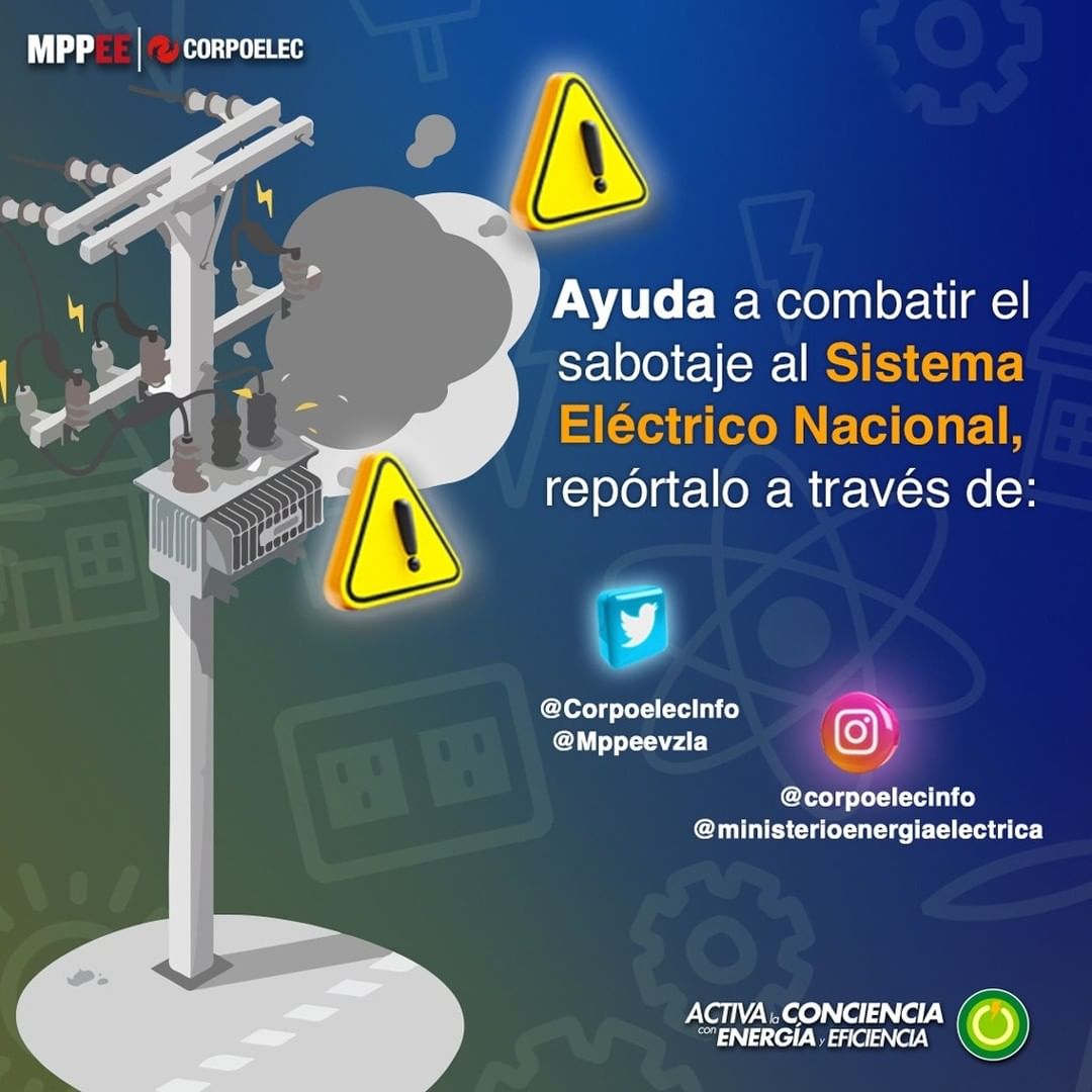 CorpoelecInfo's tweet photo. Si presentas inconvenientes con el servicio eléctrico ⚡️
 
 🗣️ Repórtalo a través de 👇
 
 📲 Twitter  
 
 ✅ CorpoelecInfo
 ✅ Mppeevzla
 
 📲IG
 
 ✅ @Corpoelecinfo
 ✅ @Ministerioenergiaelectrica https://t.co/vOkQedqlzr