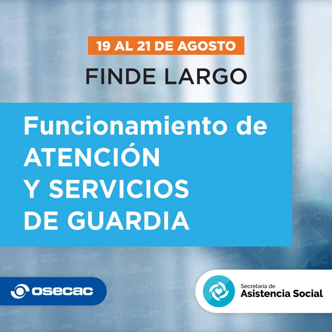 ¡Atención-OSECAC! 🚨

Les comparto la siguiente información sobre la atención y servicios de guardia de #OSECAC en CABA durante el fin de semana largo. 

Pueden encontrarla ingresando en 
osecac.org.ar/Visualizadores… 

#SoyComercio #SoySEC